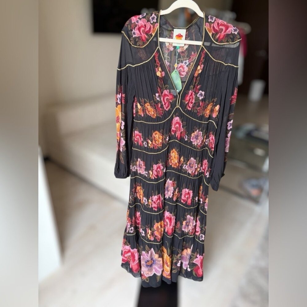 Farm Rio: Black Chenille Flowers Long Sleeve Midi Dress DT - Picture 9 of 10